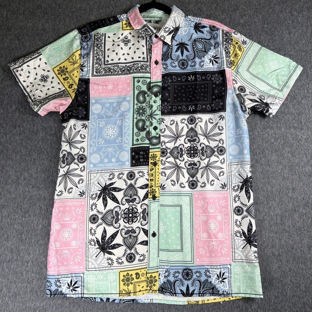 Surf Society Shirt Men Large Bandana Print MJ Leaf Vented Hawaiian Cruise